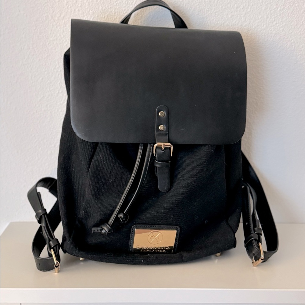 Gaston Luga Backpack Classy Black Canvas Drawstring Purse Tote